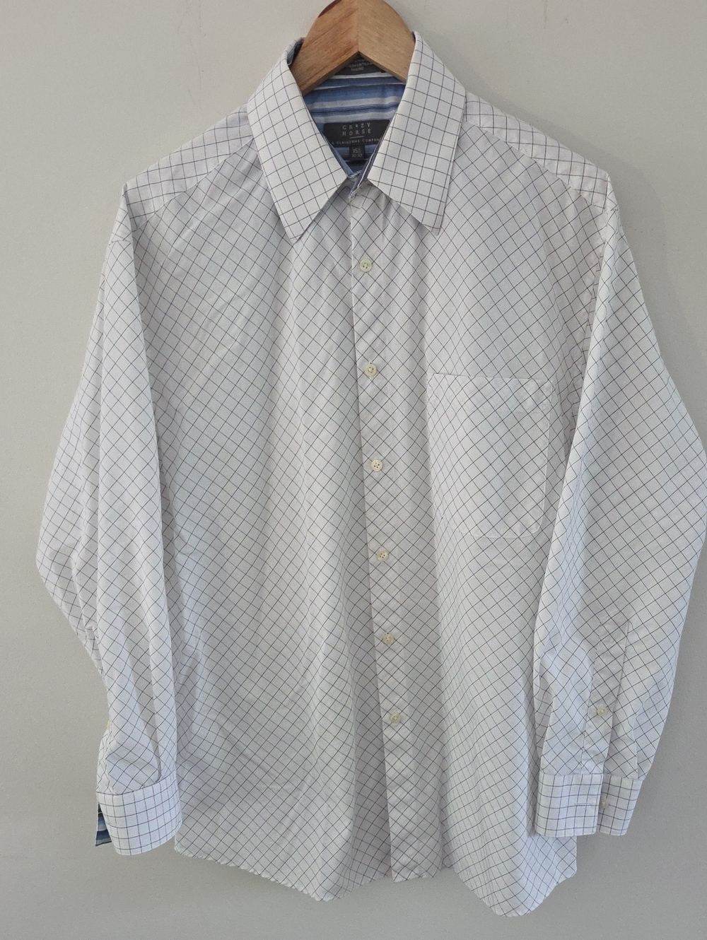 Crazy Horse Men's White Dress Shirt with Navy Windowpane Check
